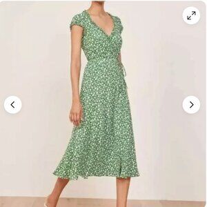 Reformation Gwyneth Midi Wrap Dress in Green Floral Print Crepe, Size M